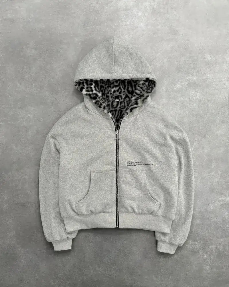 Hip-hop New Two-sided Clothing Harajuku Retro Leopard Print Fashionable Loose Zipper Hoodie Men Street Casual Sweatshirt Women