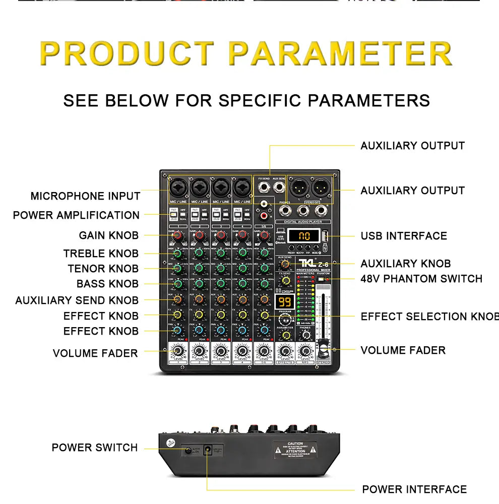 TKLBLS Professional 6-Channel 99DSP Audio Mixer 48V Phantom Power USB Studio Karaoke Bluetooth DJ Console Mixer
