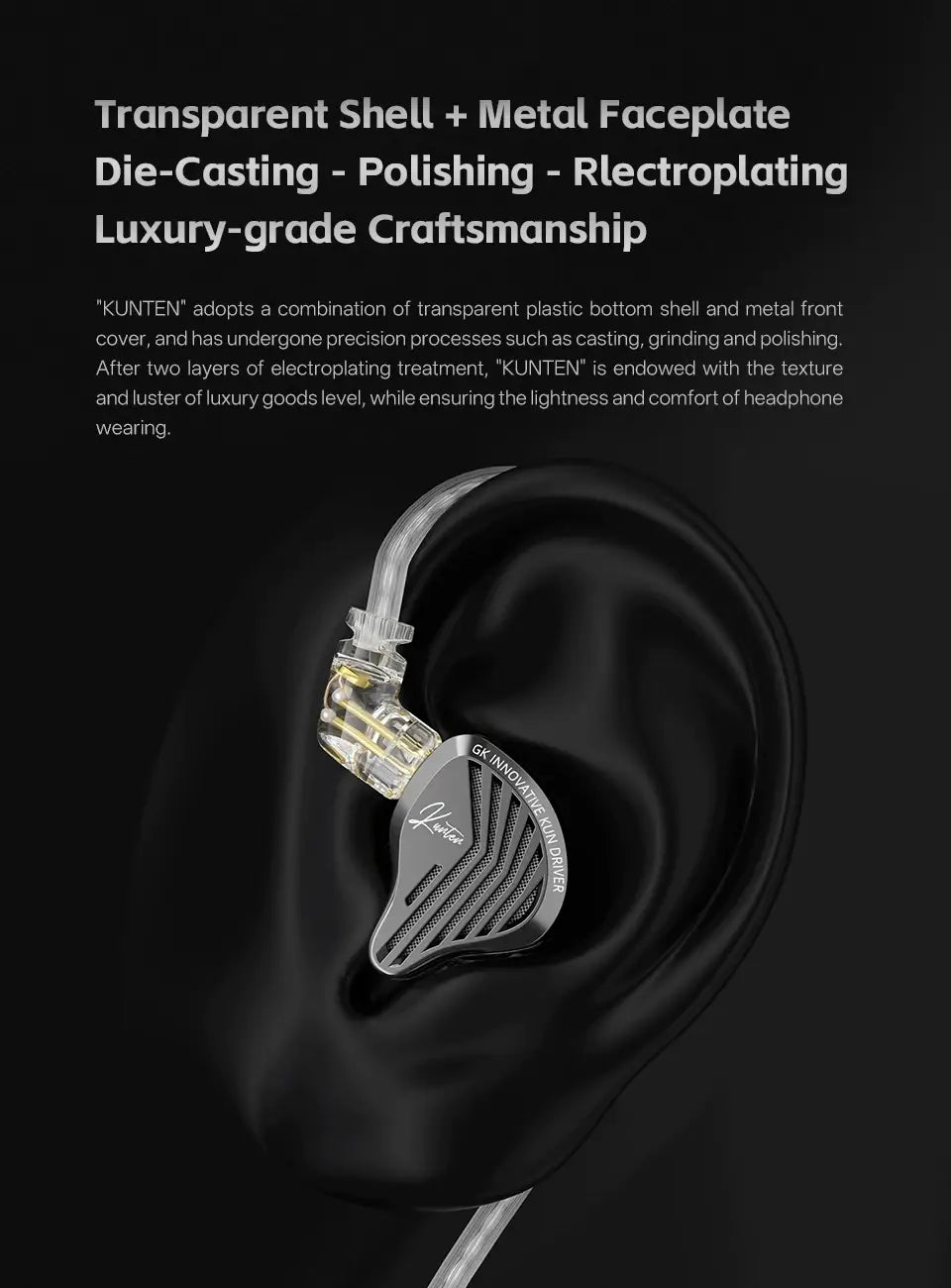 GK KUNTEN Dynamic Drive Headphones HIFI Heavy Bass Earbuds Sports Metal Headphones Detachable Headphones Gaming Headset Type-C