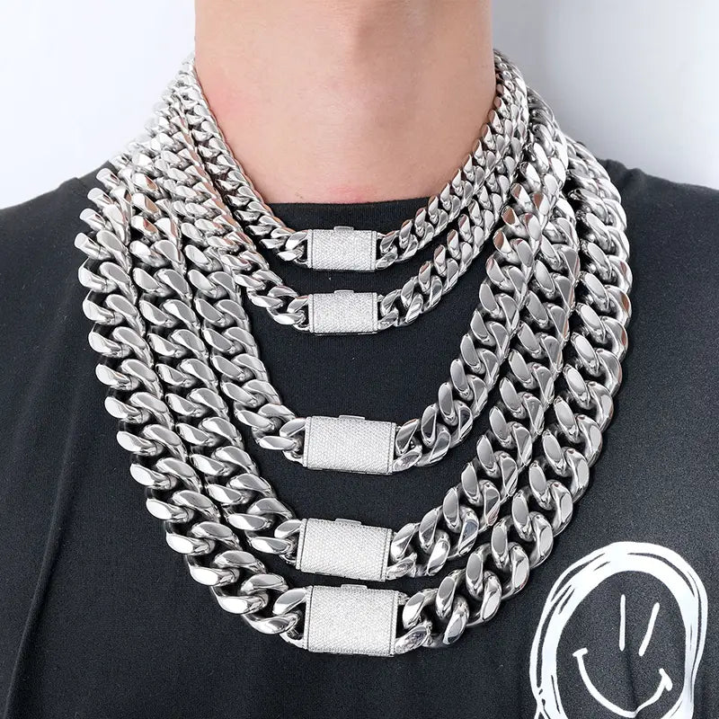 12/14/18/20/22mm Big Heavy Solid Stainless Steel Cuban Miami Link Chain Necklaces for Men Hip Hop Bling Iced out Rapper Jewelry