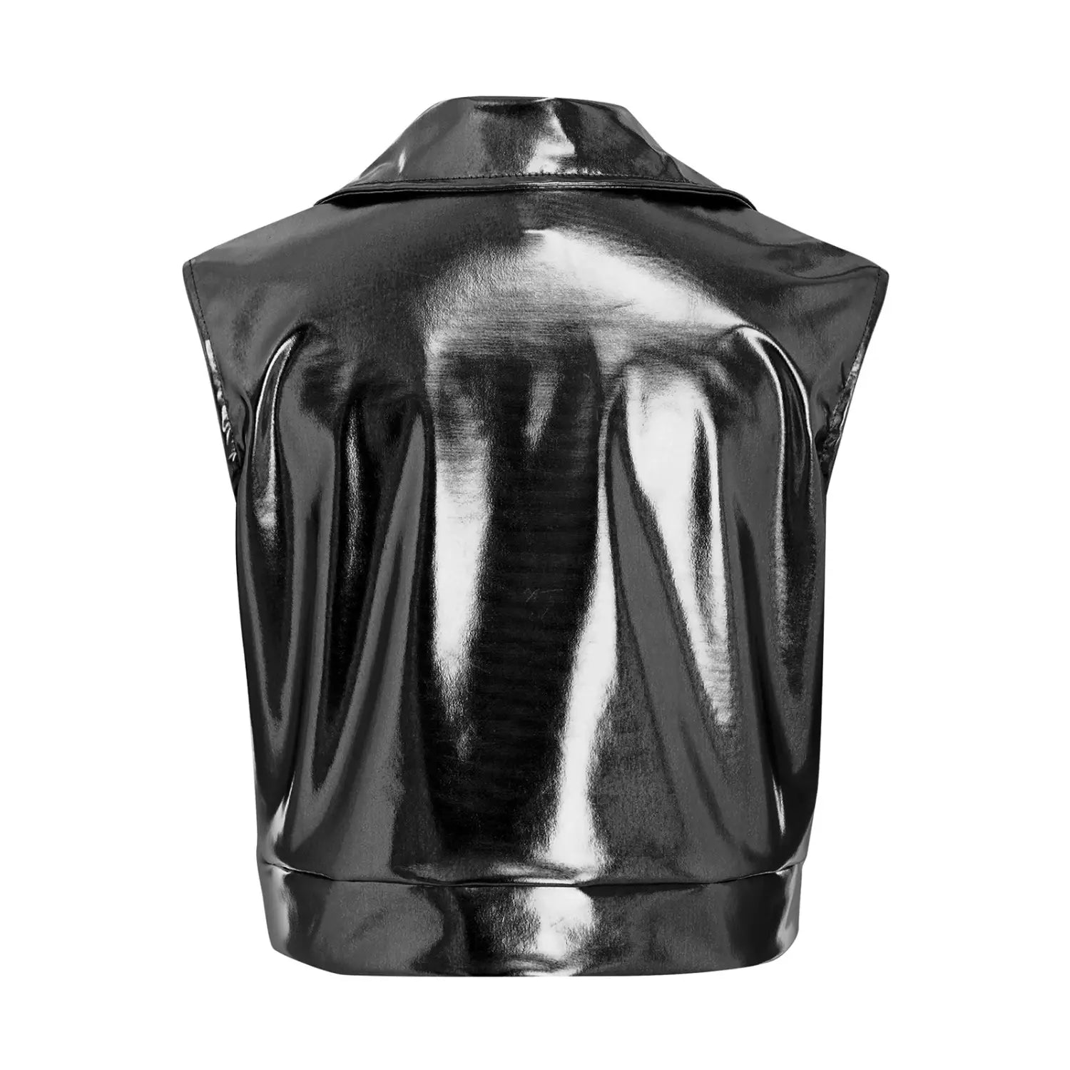 Kids Boys Girls Hip Hop Jazz Dance Performance Costume Turn-Down Collar Vest Zipper Metallic Jacket Tops Sleeveless Outerwear