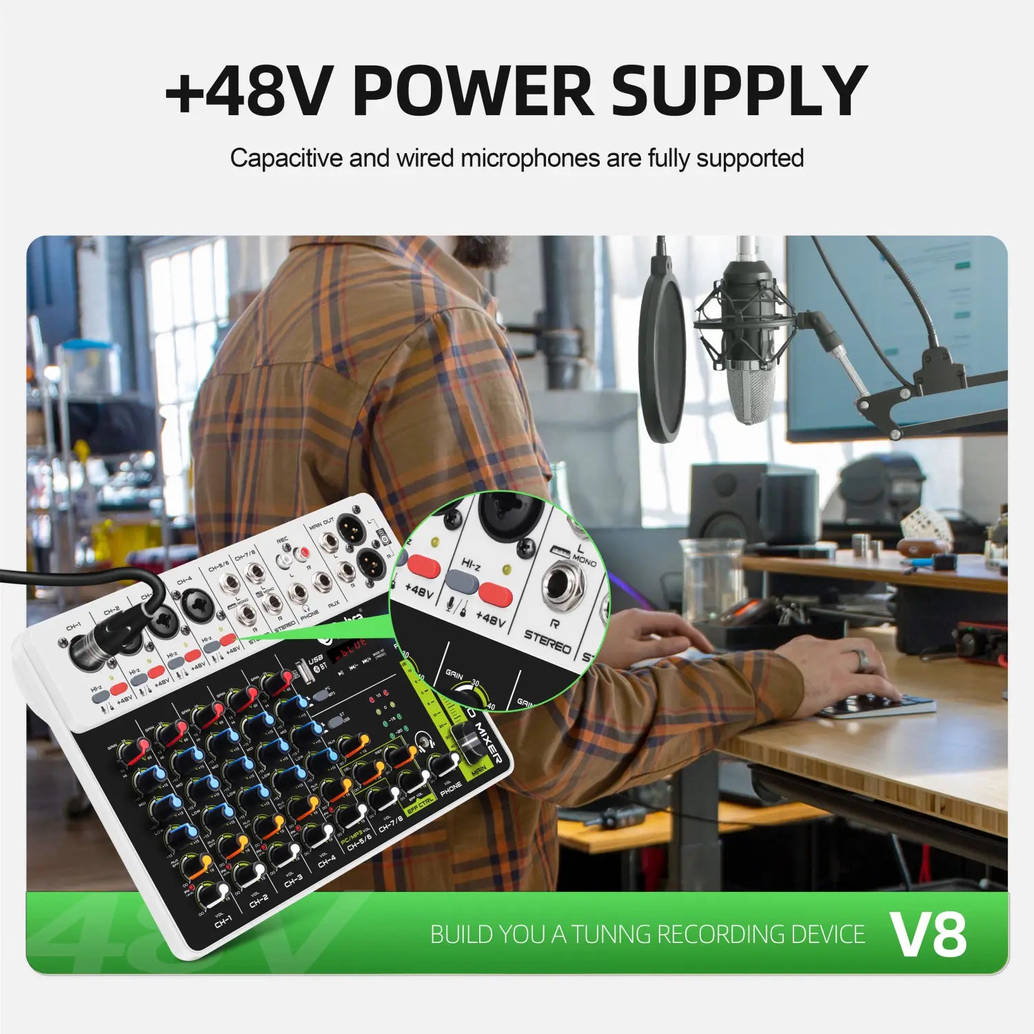 4/8 Channel Audio Mixer DJ Controller Sound Mixing Console With Bluetooth Phantom Power Delay Repaeat Effect For PC Recording