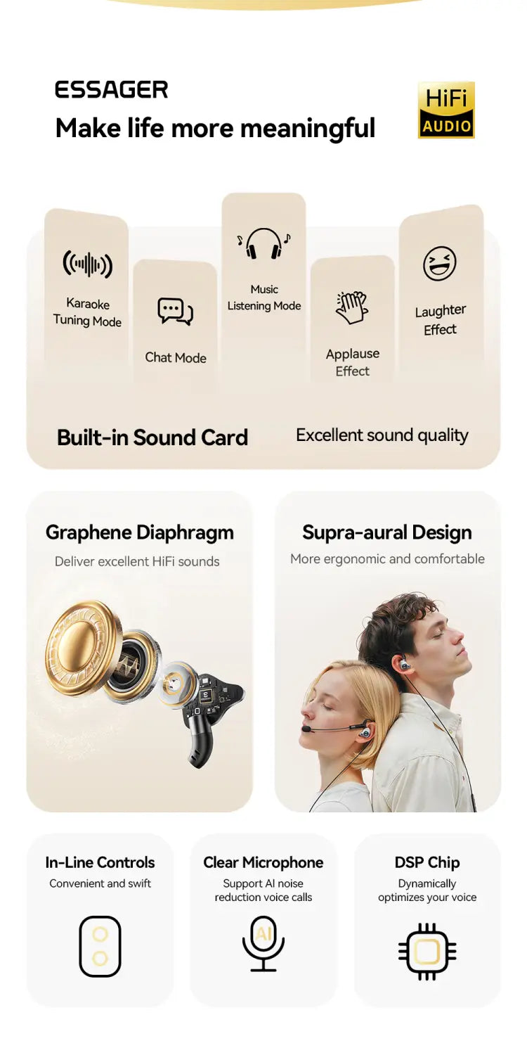 Essager Type-C Karaoke Earphones With Built-in Sound Card HiFi Stereo Music Wired Earbud Headset With Mic for Singing/Live/Game