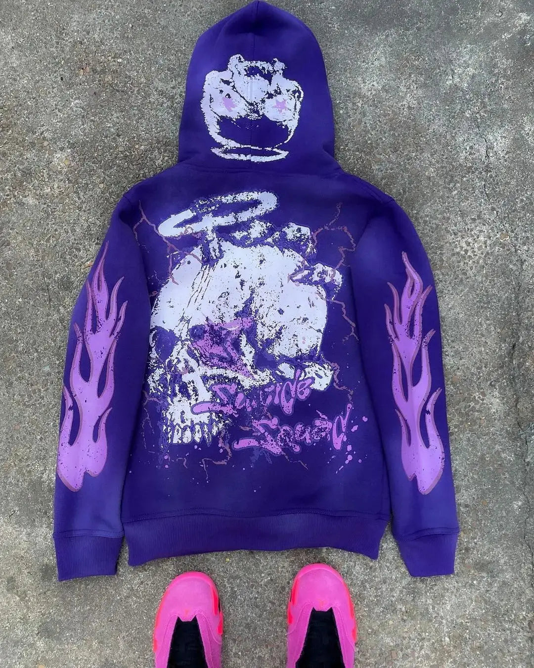 American retro Harajuku street dark hip-hop high street cartoon print zipper hoodie loose hoodie street trendsetters loose trend