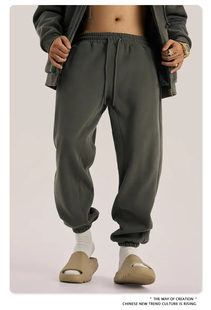 ZODF Trendy Men 345gsm Fleece Sweatpant Unisex Solid Color Loose Retro Hip Hop Winter Joggers Pants Brand Clothes HY0005