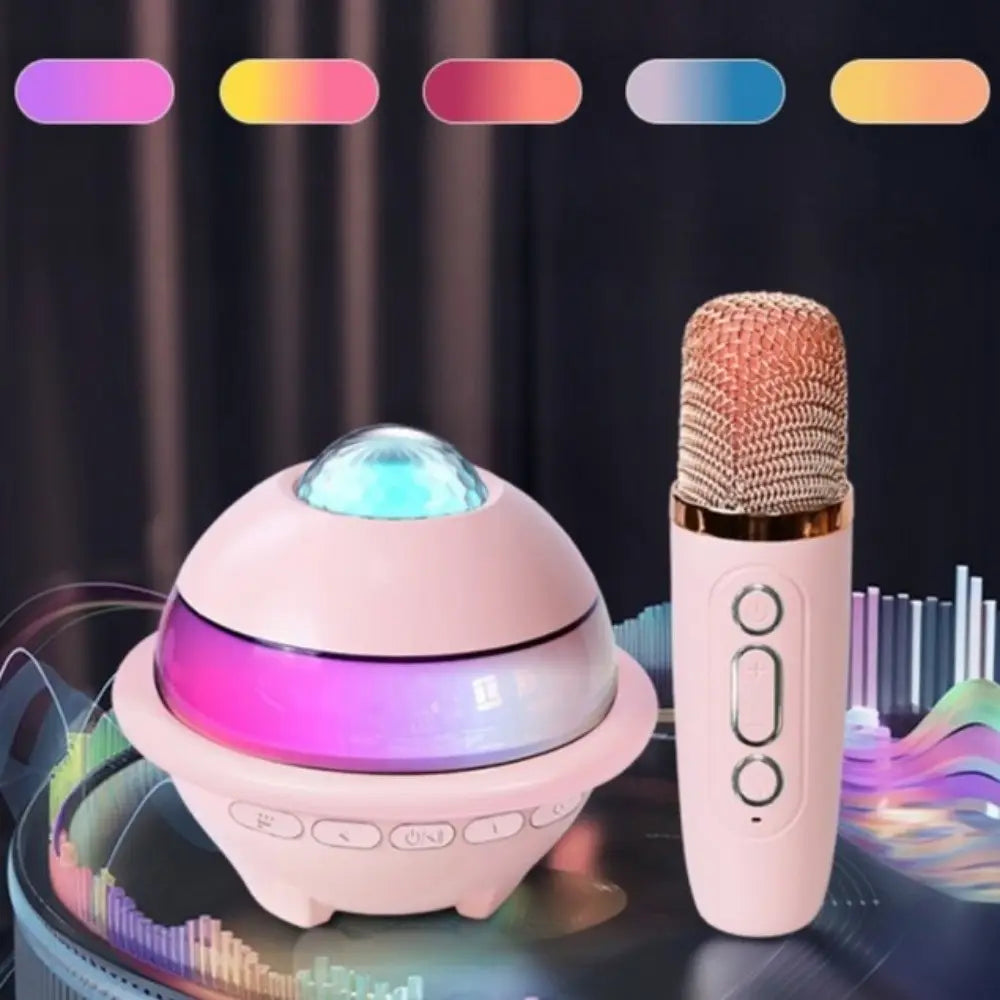 Karaoke Machine Mini Bluetooth Speaker with Projector Night Light Subwoofer Wireless Dual Microphones Stereo Surround Singing