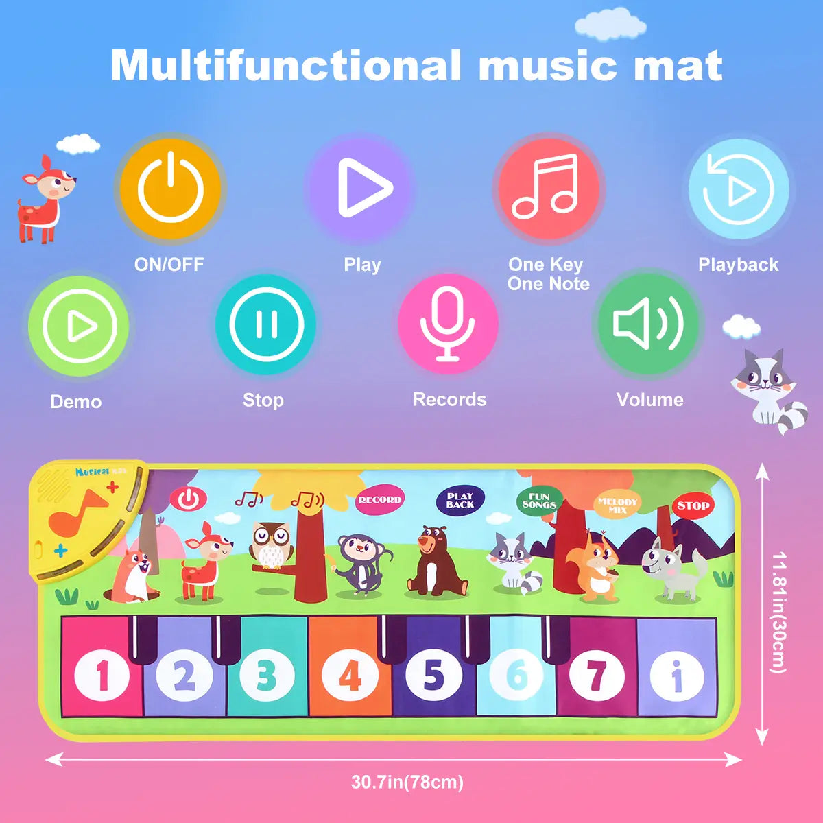 80x30cm Kids Music Piano Mat keyboard Dance Mat Toddler Floor Baby with 8 Animals Sounds Baby Mat Educational Toys for Kid Gifts