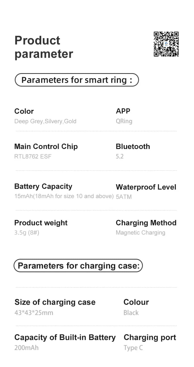 Smart Ring Health and Sleep Tracker Heart Rate Blood Oxygen Monitor Body Temperature Music/Video/Camera Control 5ATM Waterproof