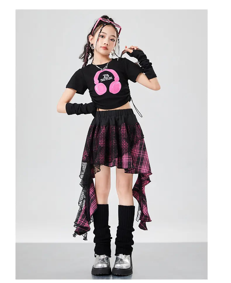 Kids Hiphop Fashion Style Rapper Clothes Set For Girl T-shirt Skirt Hip Hop Outfit Child Dance Wear Streetwear y2k Costume Suit