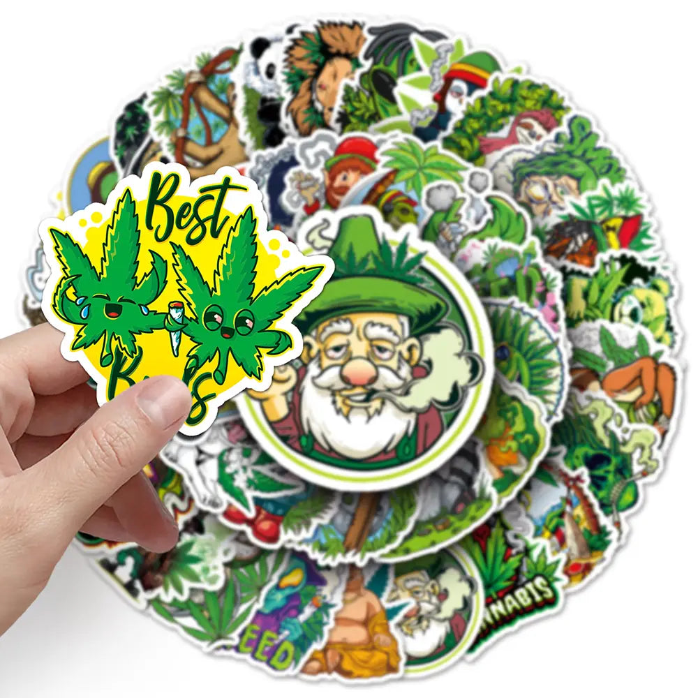 10/30/50/100PCS Funny Hemp Leaf Stickers Weed Smoking Cartoon Graffiti Waterproof Suitcase Luggage Guitar Skateboard Decals Toy