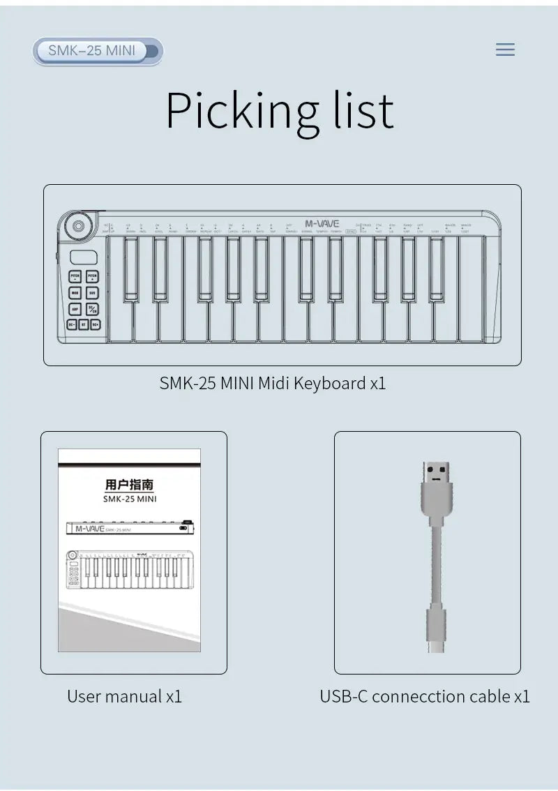 M-VAVE SMK-25mini MIDI Keyboard 25-Key MIDI Control Keyboard instrument Rechargeable Mini Portable USB Keyboard MIDI Controller
