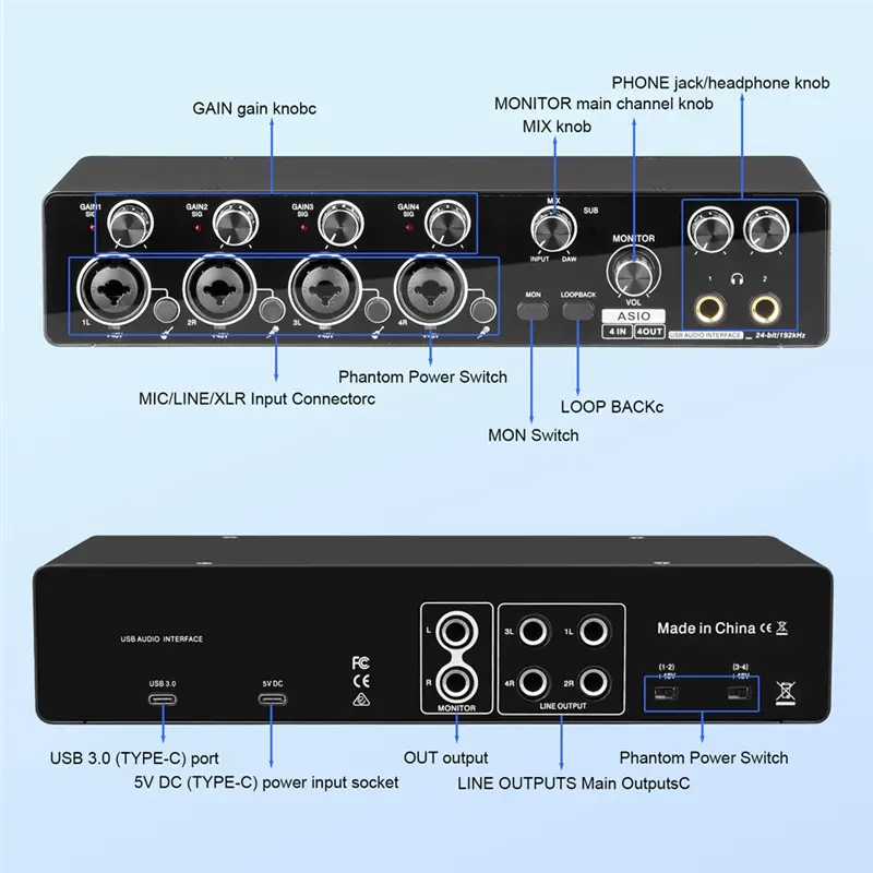 CABE-Professional 4 Channel USB Audio Interface For Studio For Live Recording Sound Card Mic Preamplifier Support ASIO