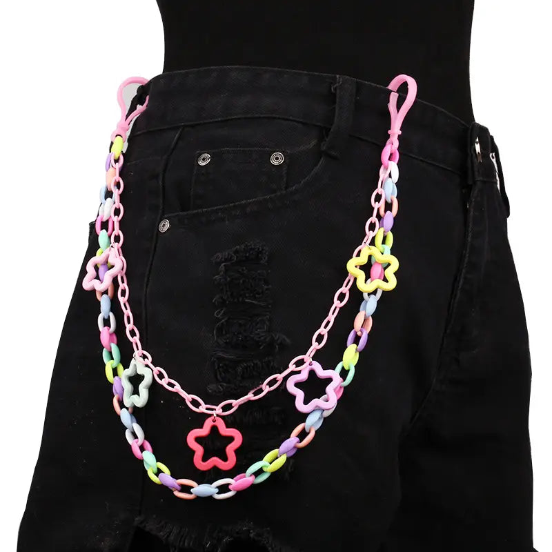Bohemian Rainbow Resin Chain Keychains Men Women Hip Hop Waist Chain Multicolor Acrylic Flower Pants Trousers Chain Punk Jewelry