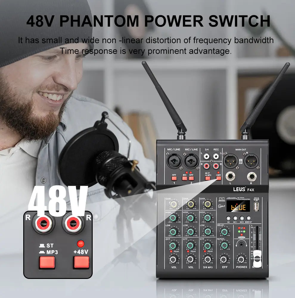 LEUS F4X Audio 4 Channel Sound Mixer With Dual UHF Wireless Microphone DJ Console Mixing for karaoke Party PC Studio Recording