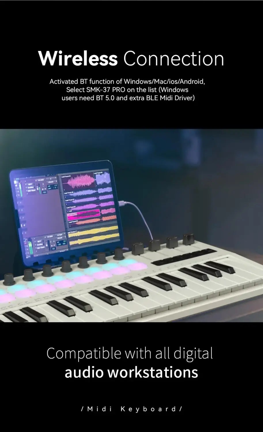 M-VAVE SMK-37 Pro 37-Key MIDI Controller White 16 RGB Pads 8 Knobs Built-in Synthesizer Portable Keyboard Digital Audio AMP