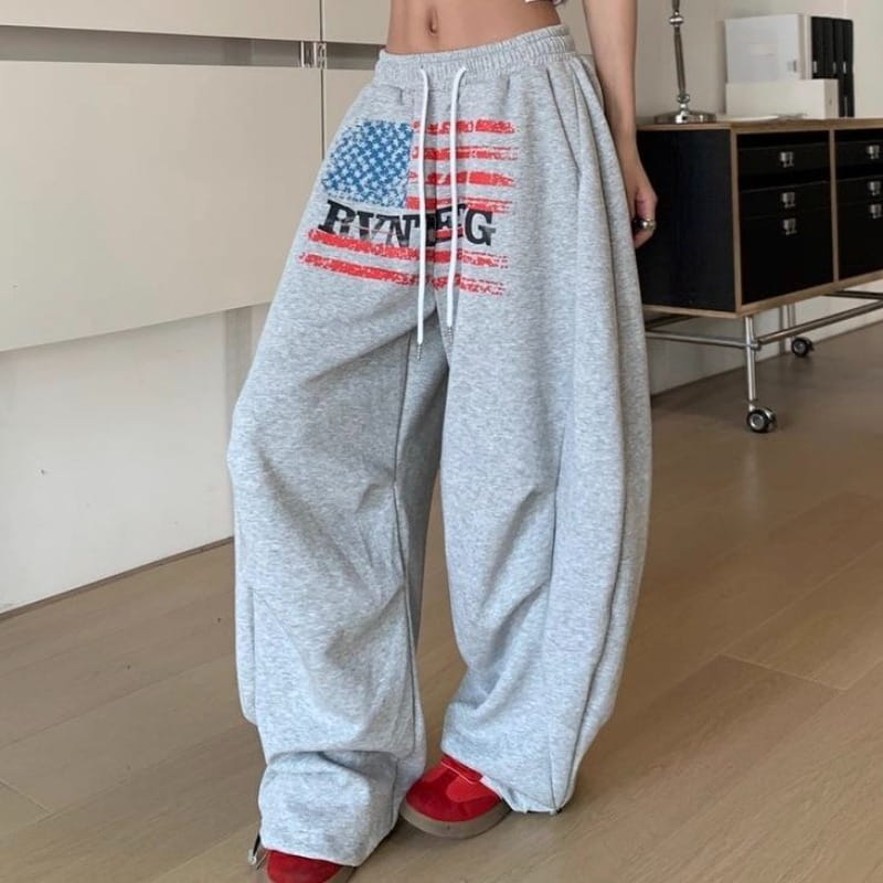 Women Retro American High Street Gothic Print Drawstring Wide Leg Sweatpants for Cotton Hip-hop Loose Versatile Sports Trousers