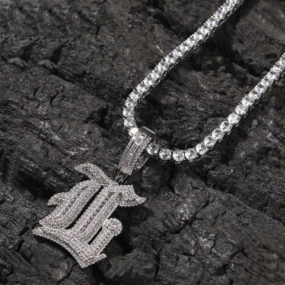 Hip Hop Micro Paved 5A+ Cubic Zirconia Bling Iced Out Old English Single CZ Letter Pendants Necklace for Men Rapper Jewelry