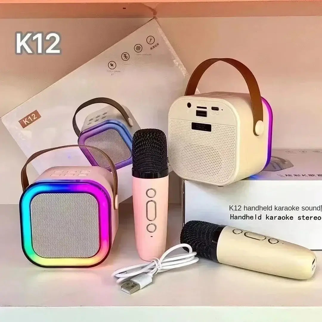 K12 wireless KTV set with dual microphones for karaoke and Bluetooth sound integration portable for home and children’s singing