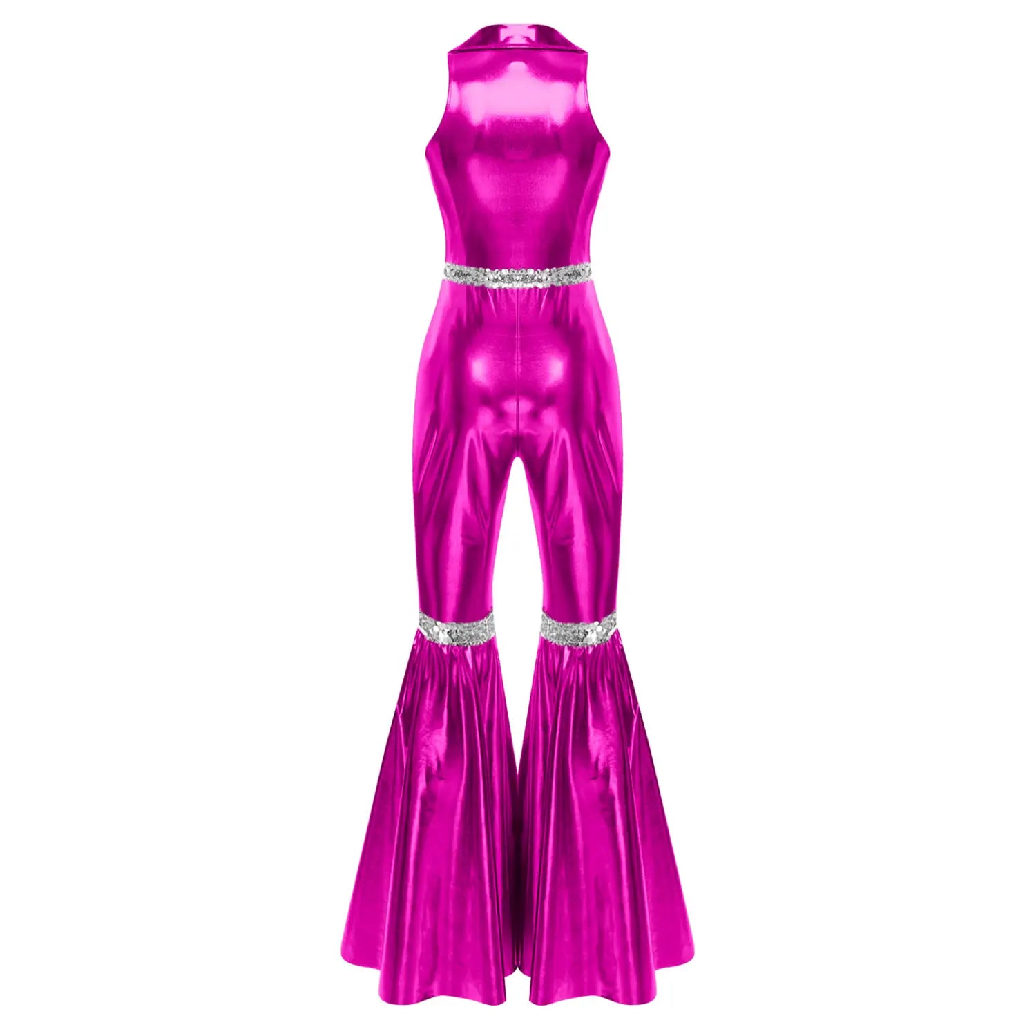 Adult Womens 70s Disco Rompers Lapel V Neck Sleeveless Front Zipper Sequins Bell Bottom Long Pants Jumpsuit Retro Jazz Dancewear