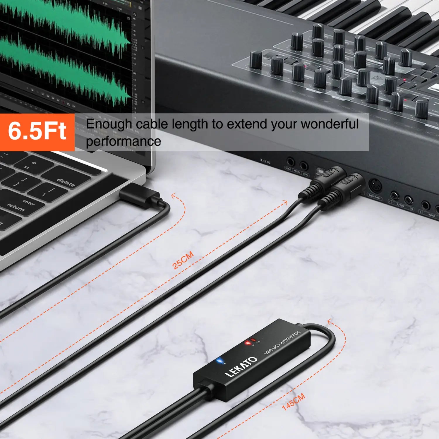 Lekato Midi To Usb C Type C Cable Usb Midi Converterfor Music Keyboard Piano Pc Lapt Interface 6.5Ft with Indicator Light
