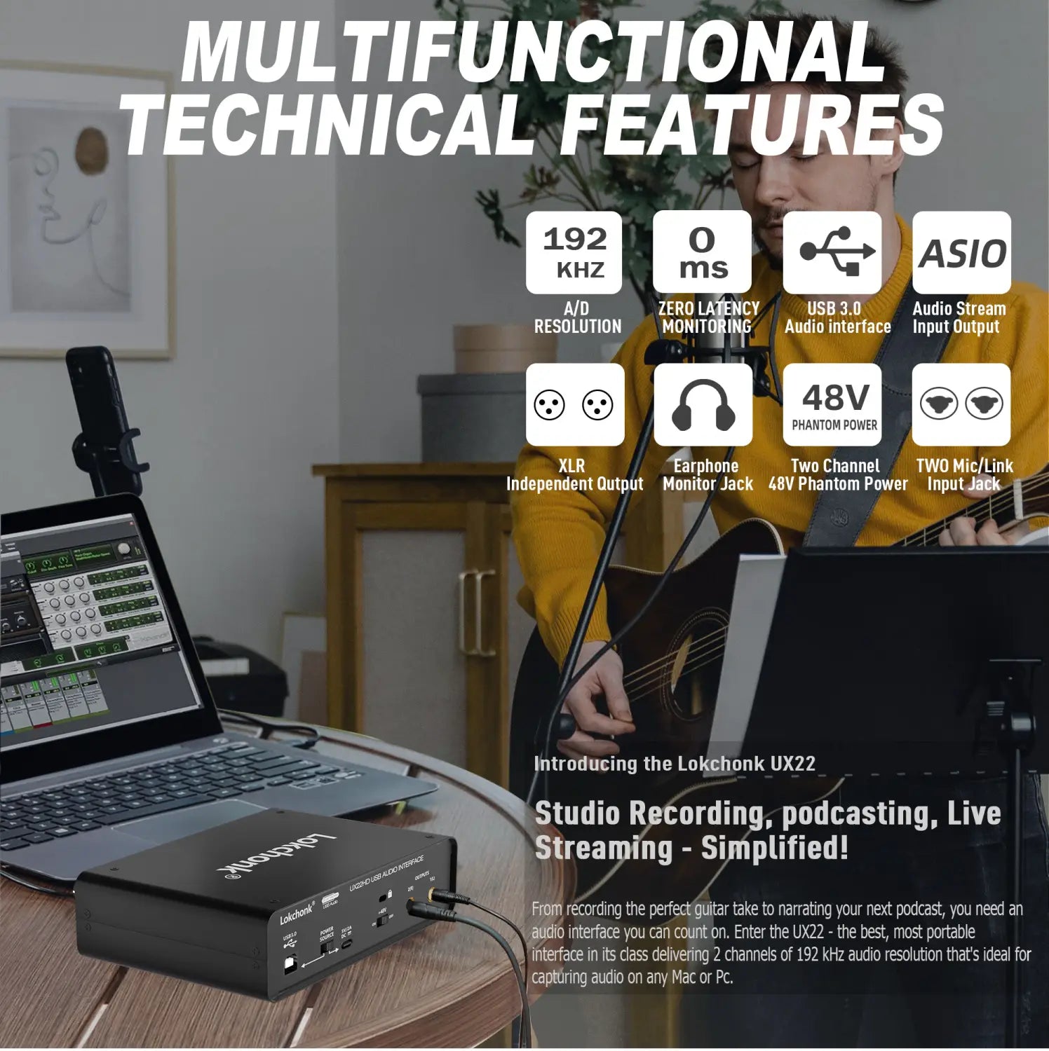 Lokchonk UX22 Audio Interface Studio Quality Recording Sound Card for Guitarist Singer Podcast Music Production