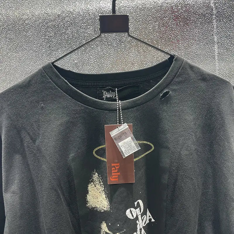 Hip Hop Letters Graffiti Vintage Washed Black Damaged Hole Paly T-Shirt Men Women Box Graphics Rhinestone T Shirt Cotton Tee