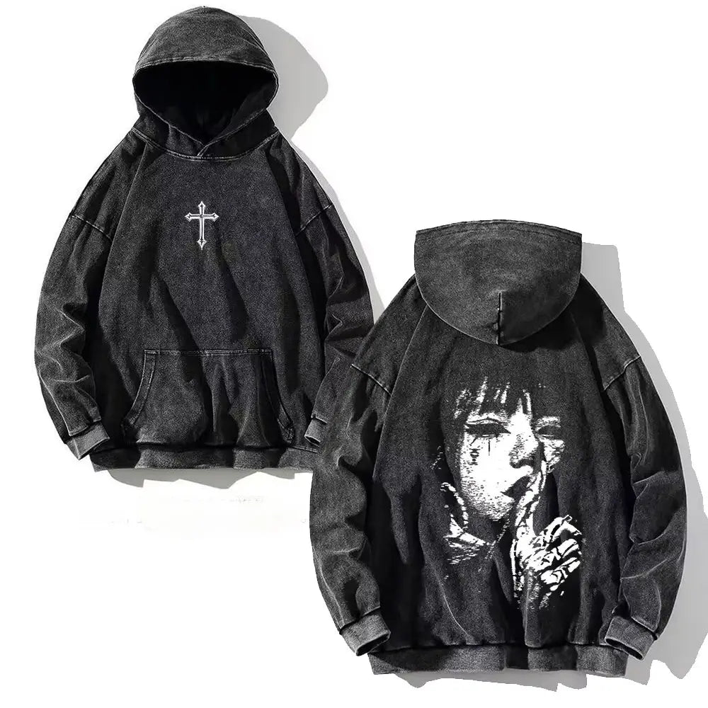 Y2K Washed Hoodies Vintage Cotton Women Men Skull Cross Print Hooded Sweatshirts Oversize Hip Hop Male Pullover Winter Clothes