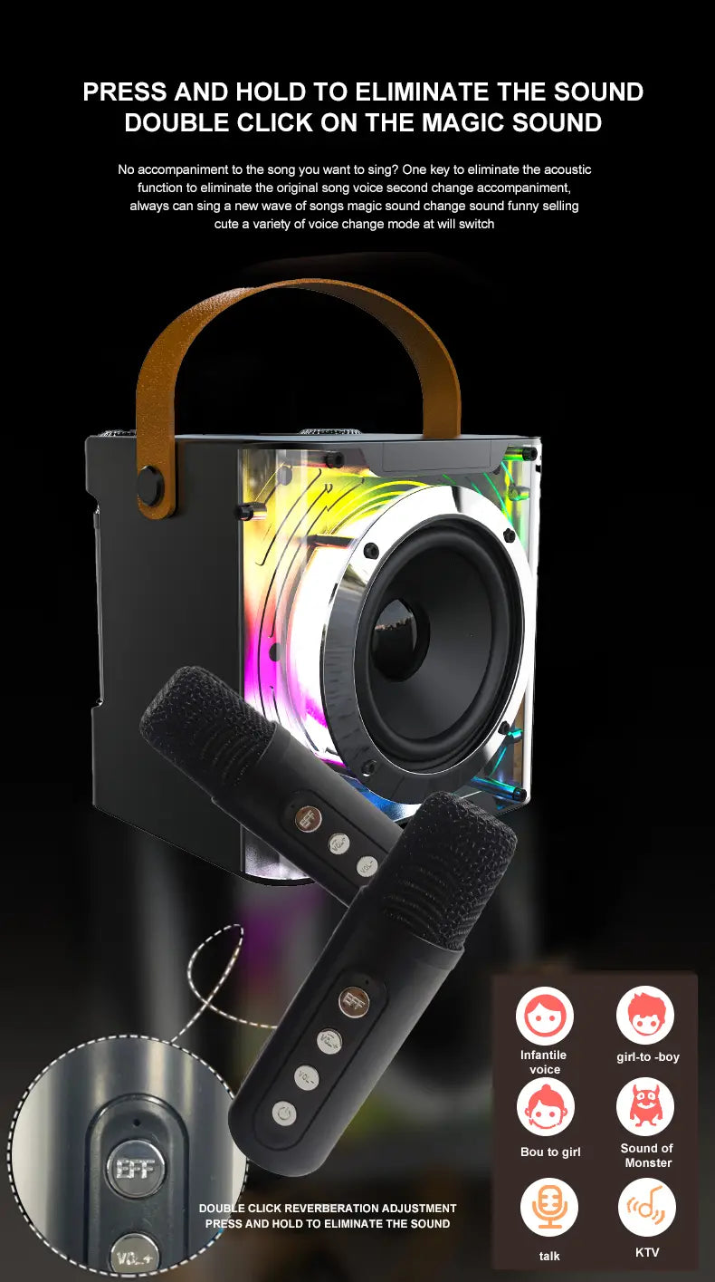 Karaoke Machine with 2 Wireless Microphone Portable Karaoke Speaker with PA System LED Light AUX USB TF Card for Home Party