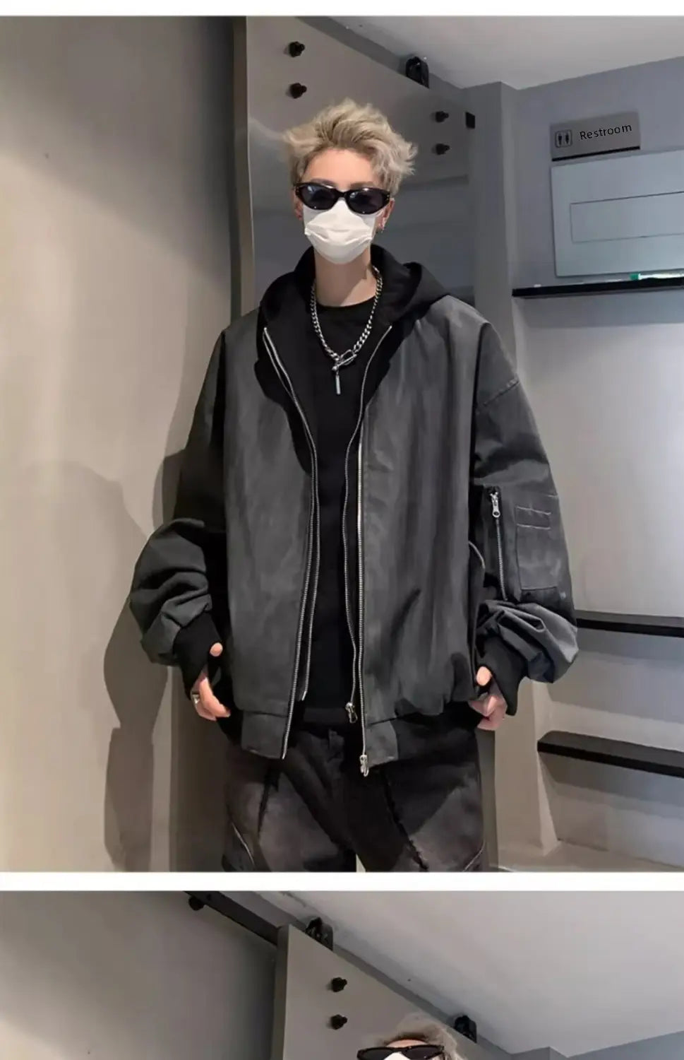 Hip Hop Style Fake Two-Piece Men’s Spring Autumn Baseball Jacket Pilot Coat Leather Shirt Trendy Handsome Hooded Coat