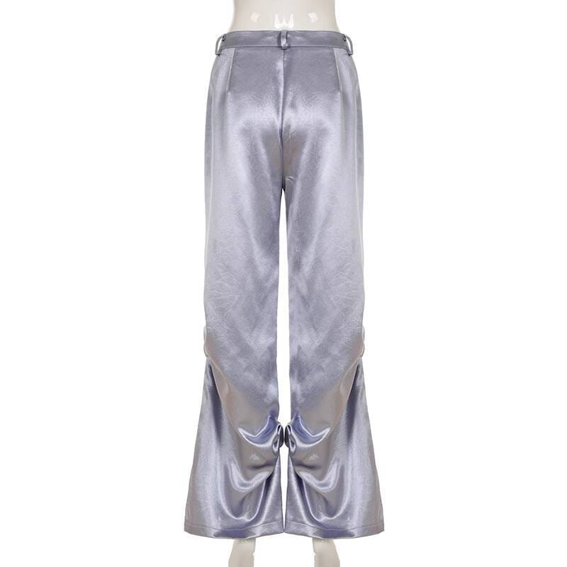 Hip Hop Women High Waist Wide Leg Pants Street Silver Dark Style Satin Pleated Casual Loose Slimming Dance Pants