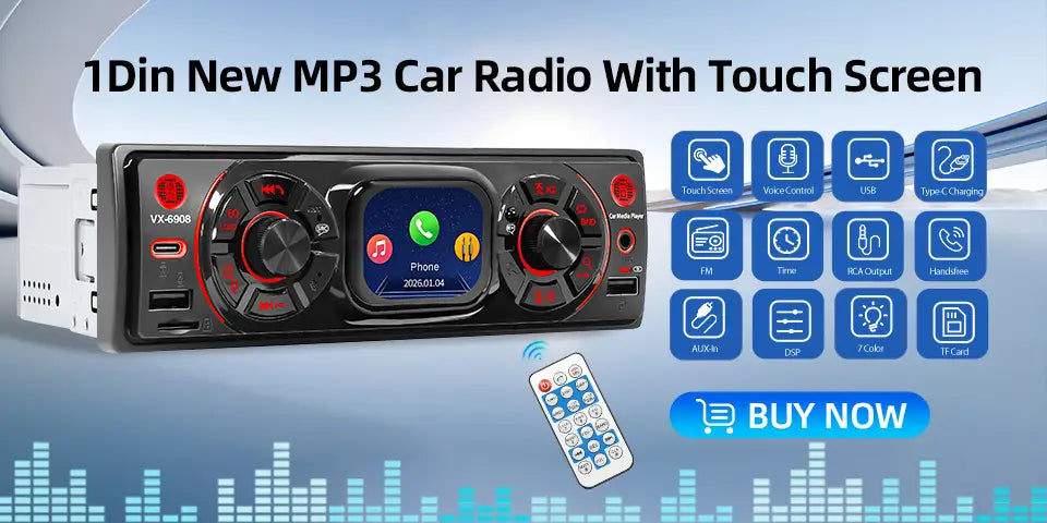 1 Din MP3 Retro Style Car Radio Bluetooth AUX FM AM RDS EQ QC3.0 Voice Control 12V Multimedia Stereo Head Unit USB TF Player