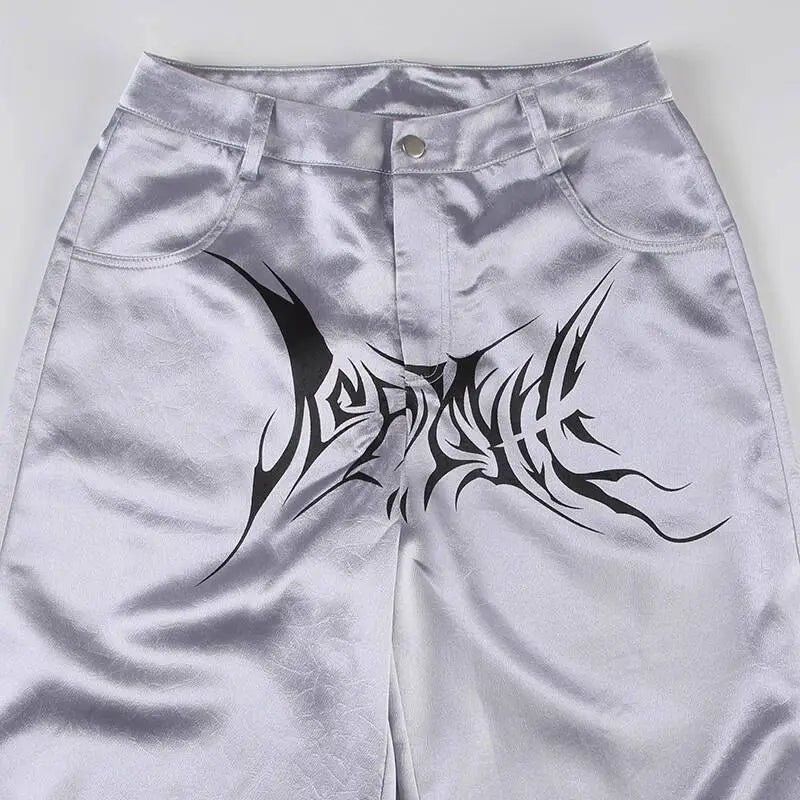 Hip Hop Women High Waist Wide Leg Pants Street Silver Dark Style Satin Pleated Casual Loose Slimming Dance Pants