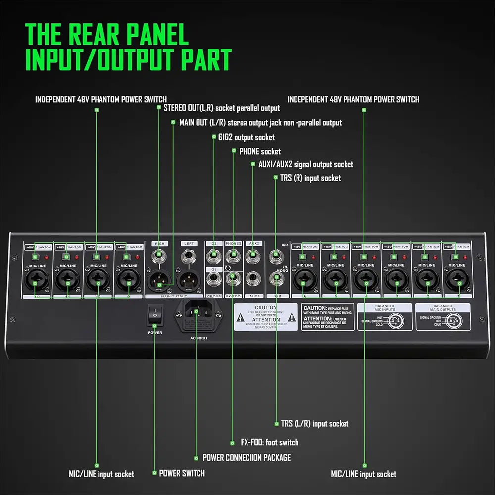 Professional 12Channel 99DSP DJ Audio Mixer BT Mixing Console USB Sound card Audio interface 48V for PC MP3 microphone Recording