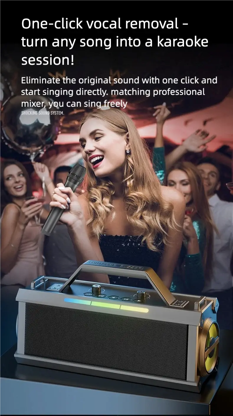 Portable Karaoke Machine with 2 Microphone Three Echo Levels Indoor and Outdoor Modes Deep Bass Supports AUX TF USB