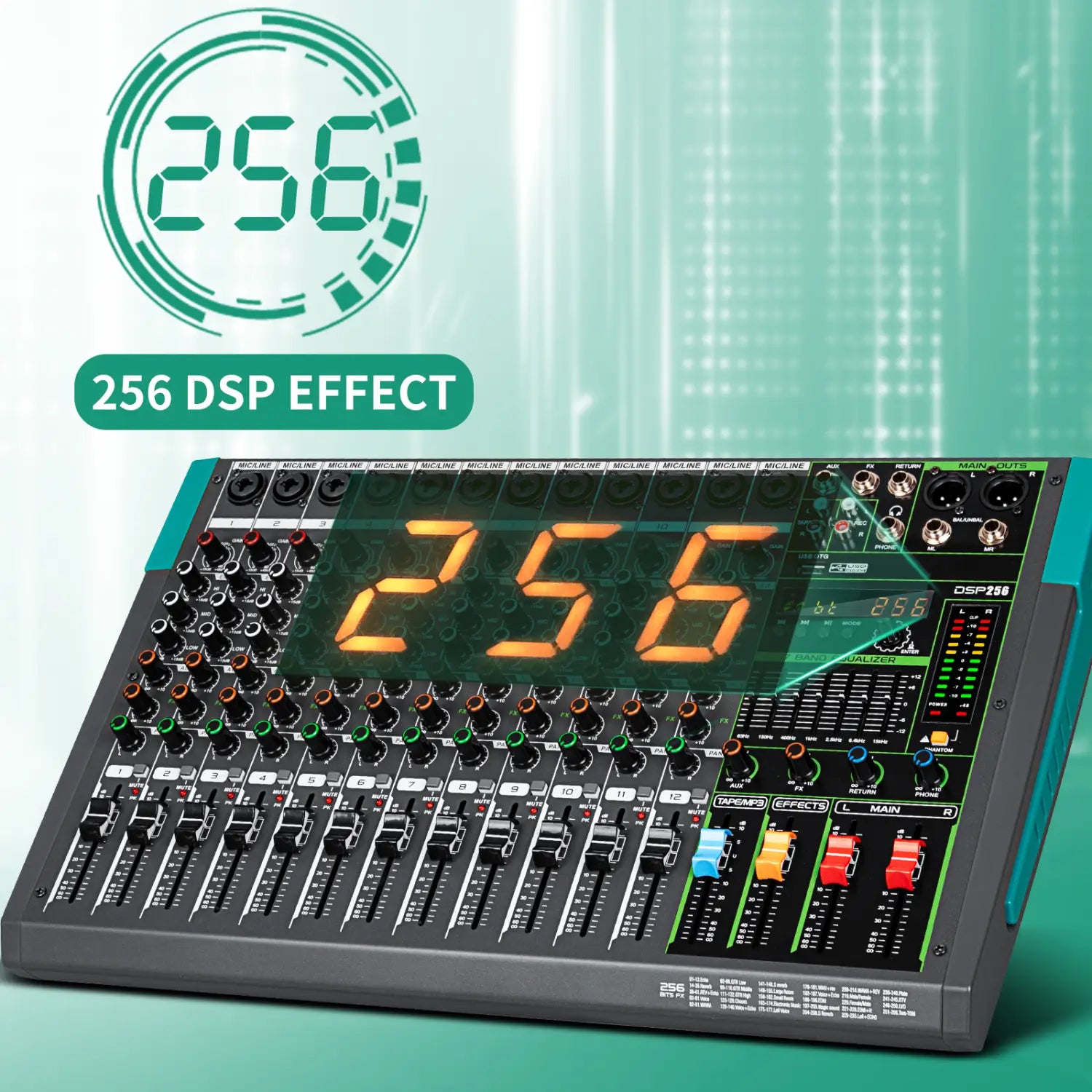 12 Channels Audio Sound Mixer Depusheng MG12 Mixing DJ Console USB with 48V Phantom Power 256 DSP Effects Sound Table for stage