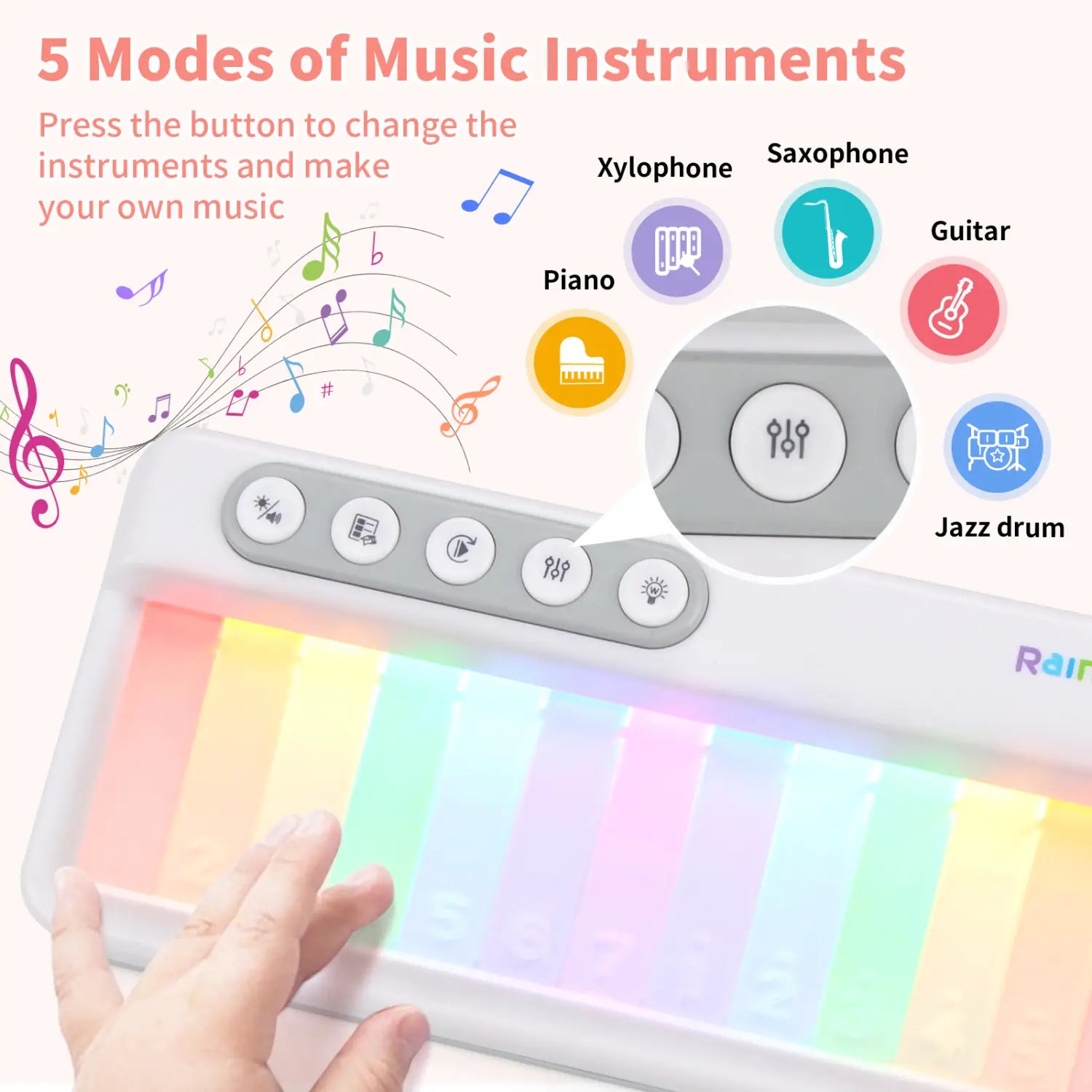 Rainbow Flashing Piano Toys with 5 Instruments 13 Melody Electronic Music Toys Portable Keyboard Toys Educational Toys for Kids
