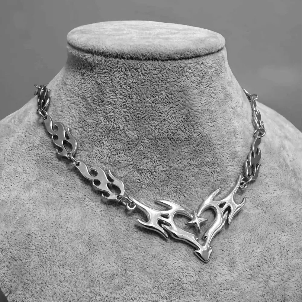 Hip Hop Personality Sliver Color Hollowed-out Flame Totem Heart-shaped Cross Thorny Chain Collar Necklace for Women Men Jewelry