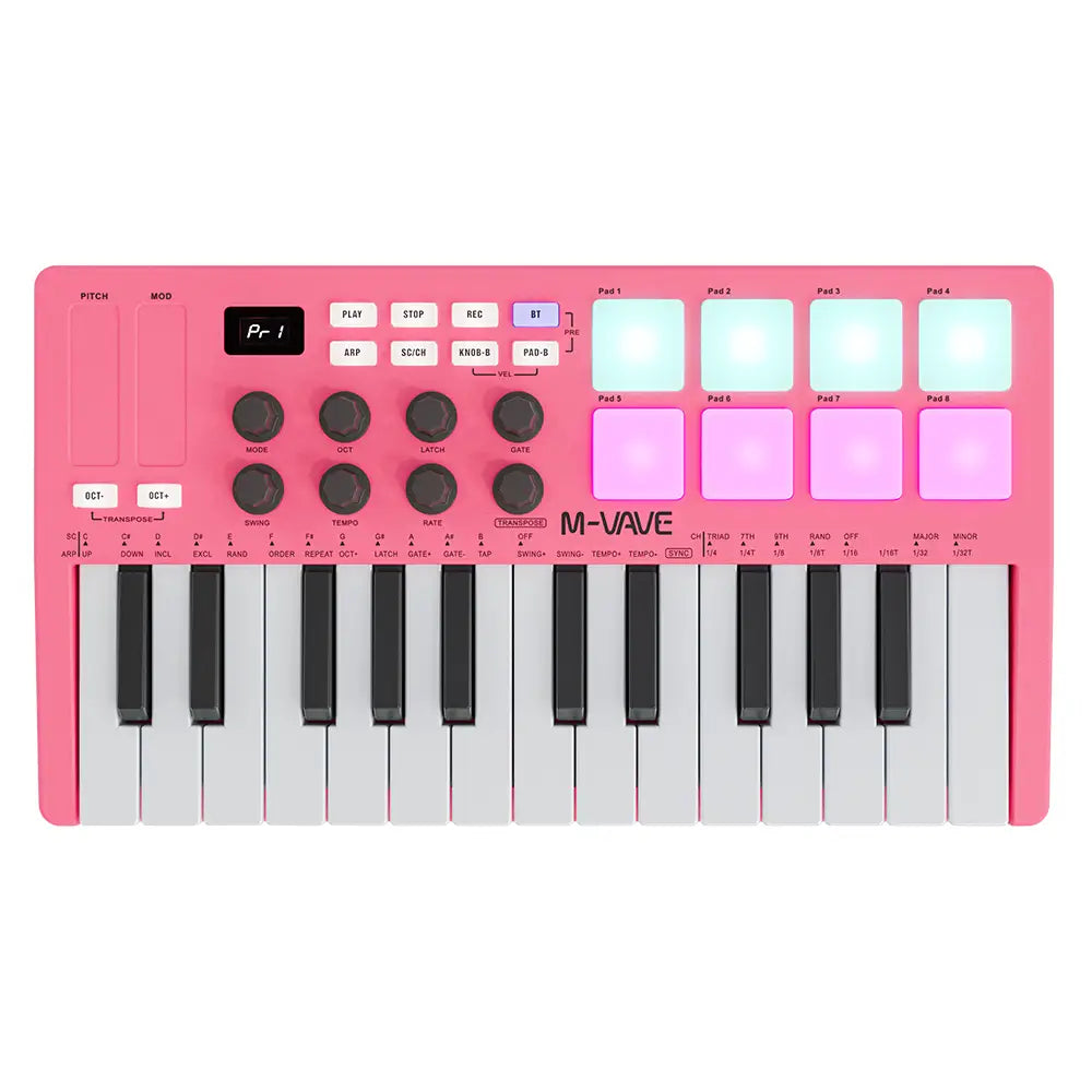 M-VAVE Pink SMK-25 Key MIDI Controller w/8 RGB Pads/8 Assignable 360°knobs/Bluetooth 5.0/USB-B type interface