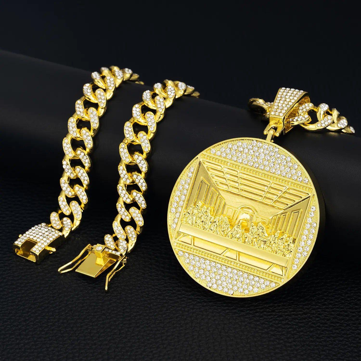 Hip Hop Last Supper Round Pendant Necklace Ice Crystal High Quality 13MM Cuban Chain Rap Jewelry Men and Women Gift