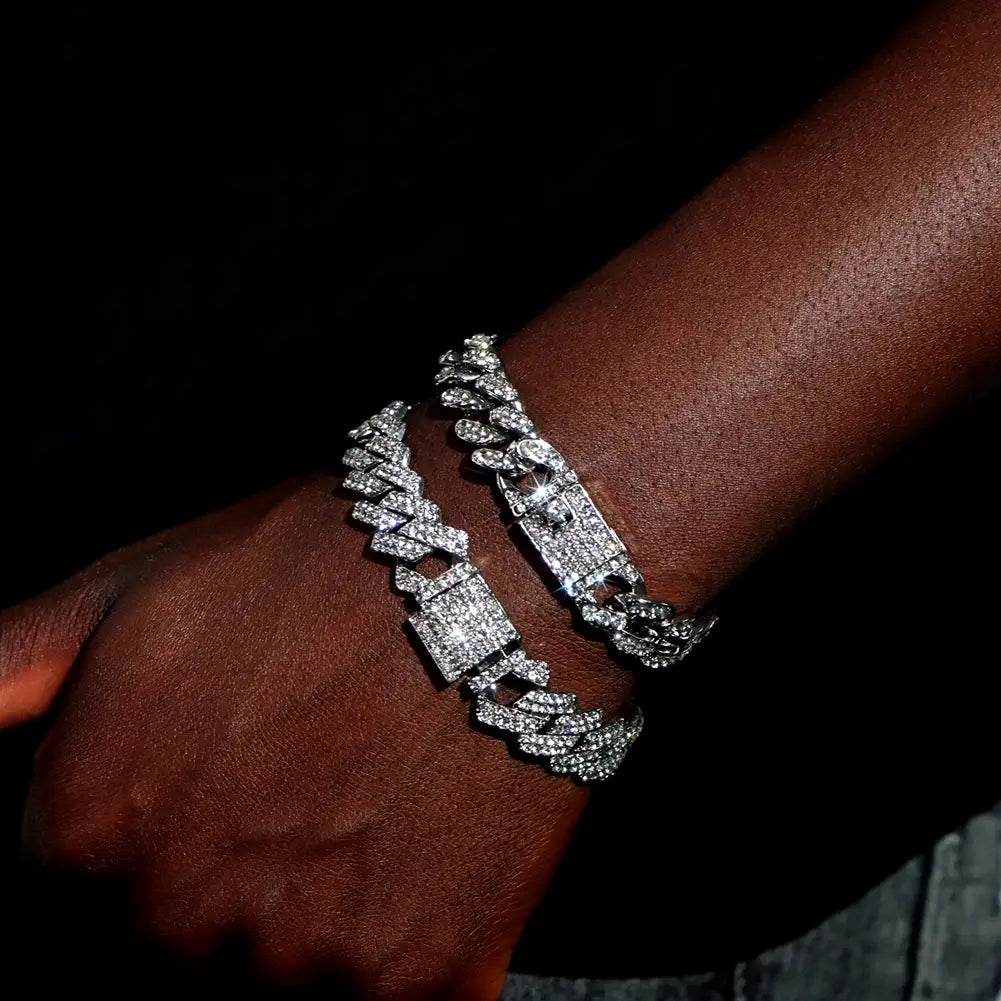 Hip Hop 14MM Prong Cuban Link Chain Necklace & Bracelet Iced Out Bling Cuban Chain Rhinestone Chains For Men Punk Rapper Jewelry