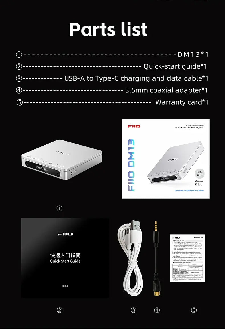 FiiO DM13 Multifunctional Portable Stereo CD Player with Long-Lasting Battery Supports USB Ripping Optical/coaxial/3.5mm/4.4mm