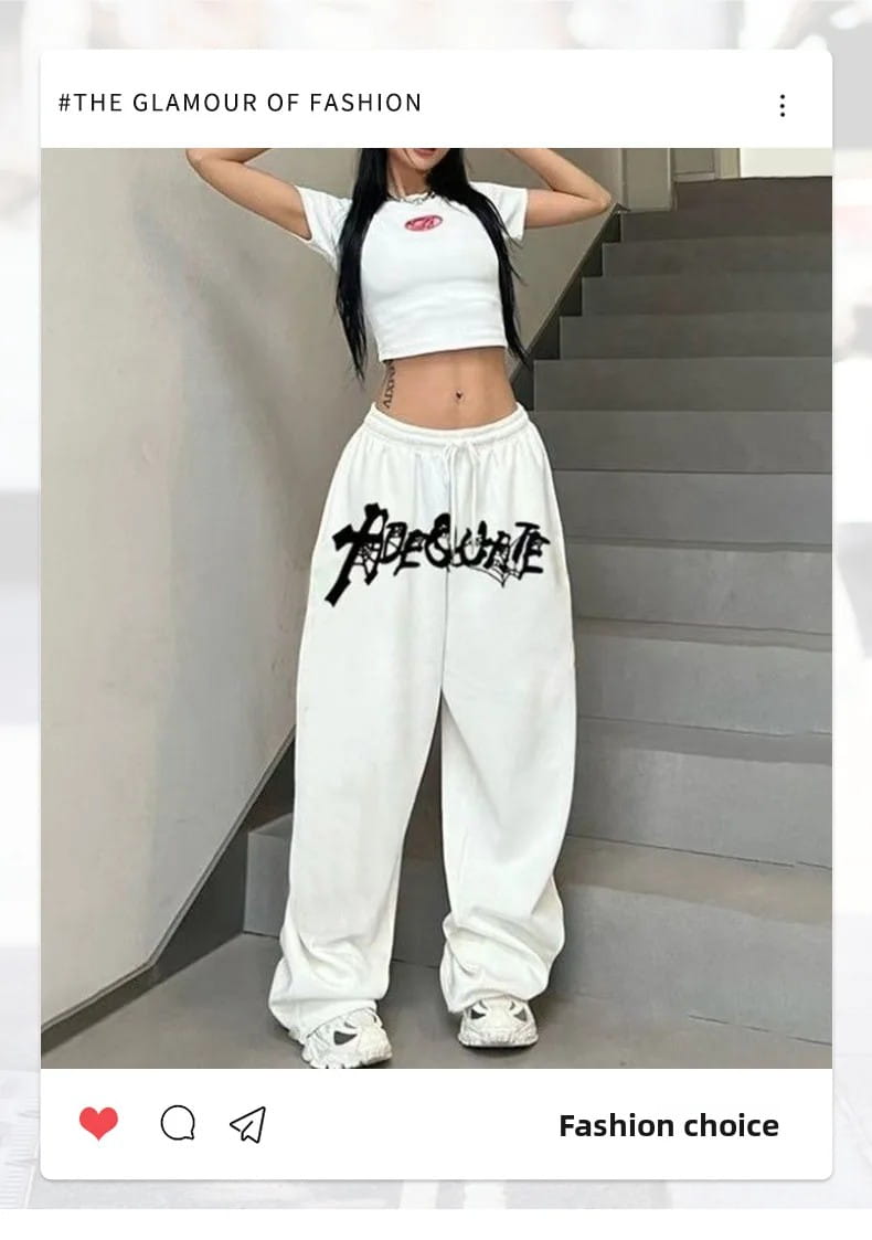 New American Style White Hip Hop Jazz Dance High Waist Loose Straight Leg Wide Leg Drawstring Sports Fashion Trousers