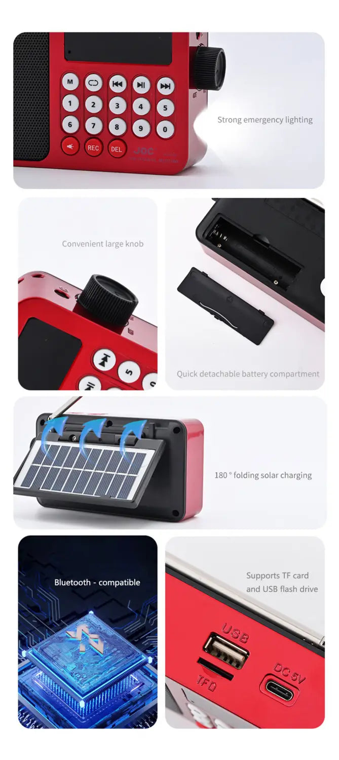 Solar Portable FM Radio Rechargeable Bluetooth Speaker USB TF Card MP3 Music Player with Recording LED Light Radio FM Receiver