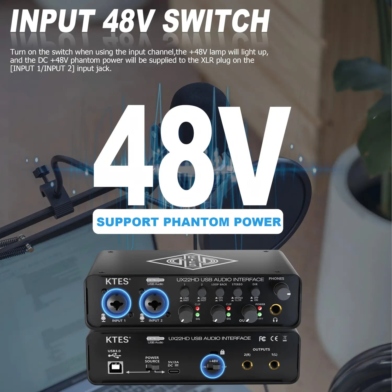 UX22 Audio Interface 192kHz 32-Bit USB Sound Card for Studio Recording Live Streaming Podcast DAW Music Production & YouTube