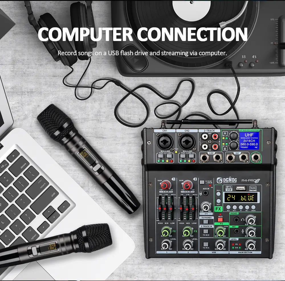 4 Channel Karaoke Audio Mixer with Dual UHF Wireless Microphone USB Bluetooth DJ Mixer for Party Computer Studio Recording DGNOG