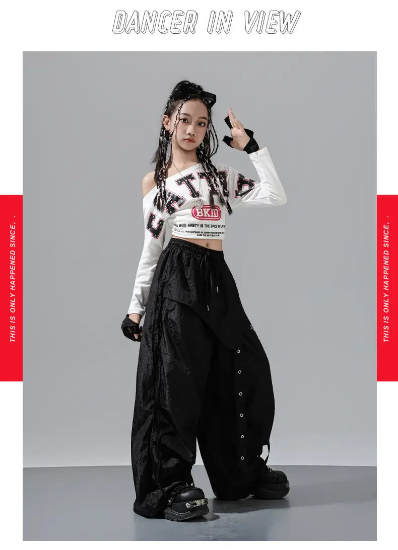 Hip Hop Girls Off Shoulders Crop Top Cargo Pants Kids K-pop Street Dance Clothes Set Children Girl Group Streetwear Teen Costume