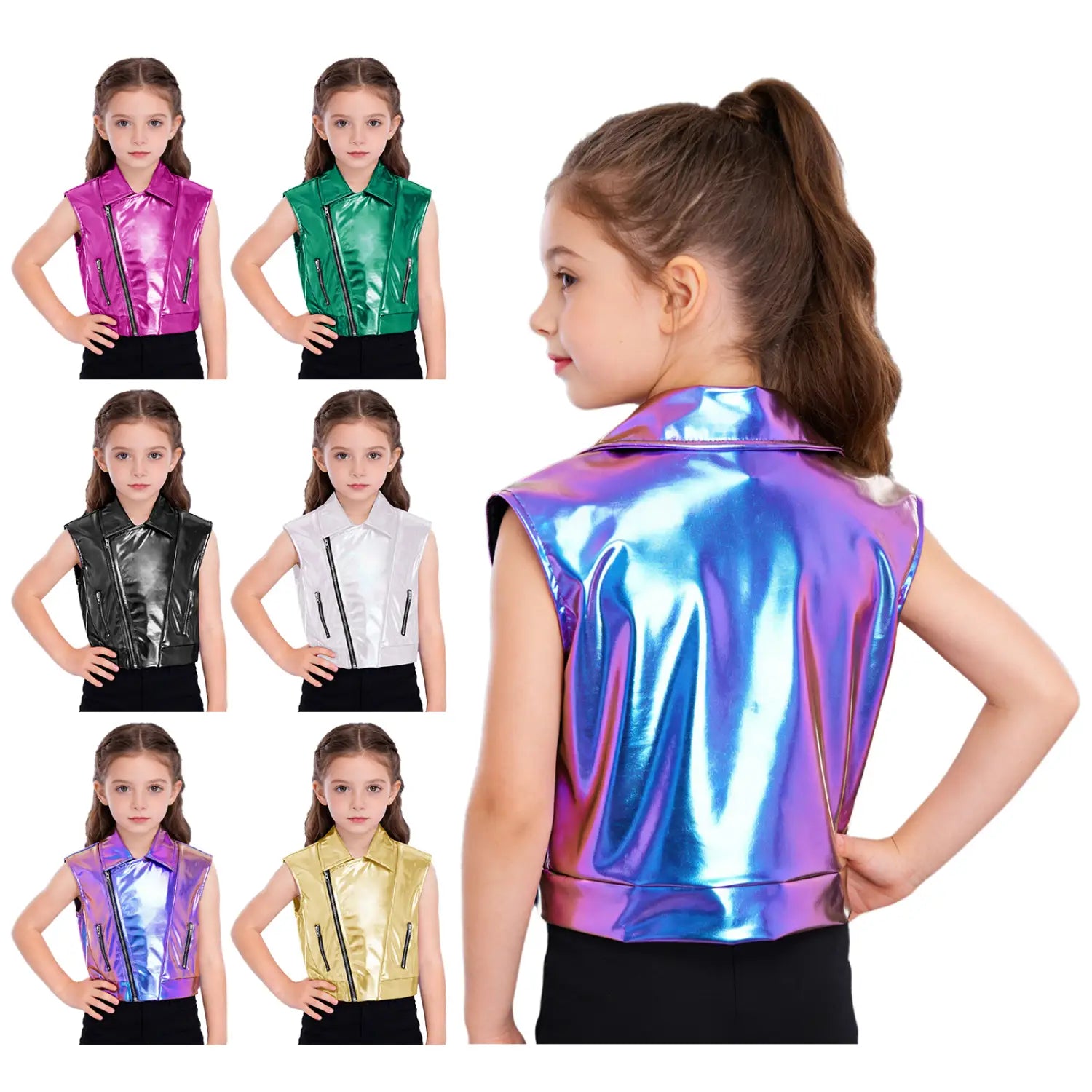 Kids Boys Girls Hip Hop Jazz Dance Performance Costume Turn-Down Collar Vest Zipper Metallic Jacket Tops Sleeveless Outerwear