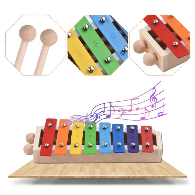 8 Keys Xylophone Compact Size Glockenspiel Colorful Aluminum Plate Piano with Wooden Mallets Percussion Musical Instrument Gift