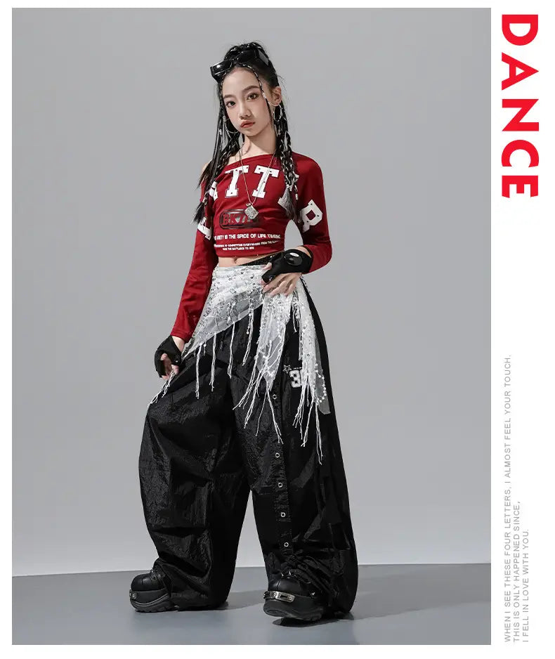 Hip Hop Girls Off Shoulders Crop Top Cargo Pants Kids K-pop Street Dance Clothes Set Children Girl Group Streetwear Teen Costume