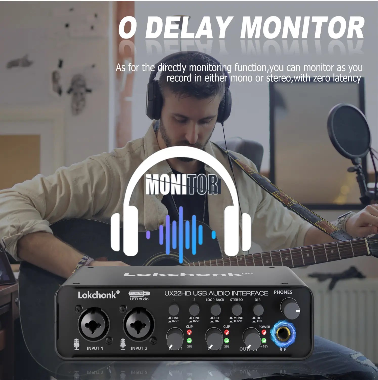 Lokchonk UX22 Audio Interface Studio Quality Recording Sound Card for Guitarist Singer Podcast Music Production